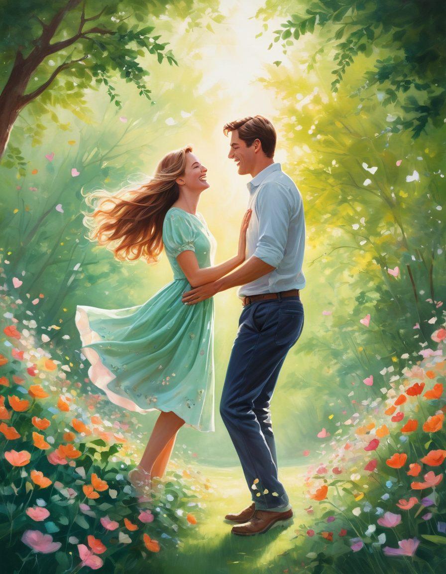A whimsical illustration of a couple playfully engaging in a light-hearted moment, surrounded by soft pastel colors and romantic elements like flowers and hearts. The scene conveys an innocent but flirtatious atmosphere, capturing their laughter and chemistry. Include elements of nature like sunlight filtering through leaves and gentle breezes, enhancing the playful romance theme. painting. vibrant colors.