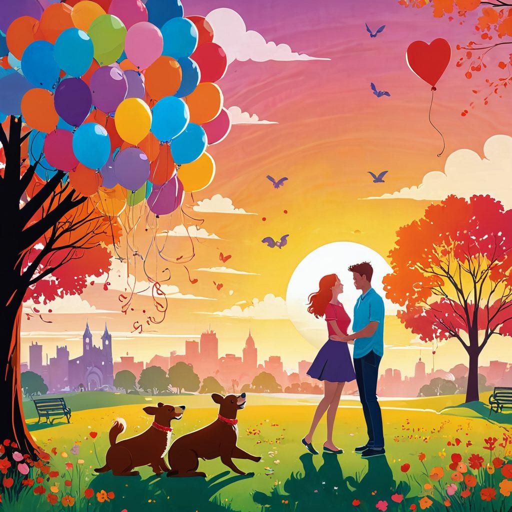 A whimsical scene depicting a couple sharing a laugh in a vibrant park, surrounded by playful animals causing mischief. Balloons and hearts float in the air, symbolizing love and comedy. The backdrop features a picturesque sunset that enhances the warmth of the moment. Cartoonish style with bright, cheerful colors to evoke joy and lightheartedness. vector art. vibrant colors. upbeat and playful.