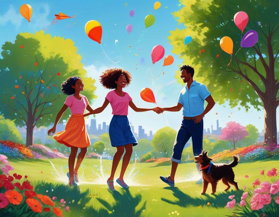 A whimsical scene of a couple playfully splashing each other with water balloons in a sunlit park, surrounded by blooming flowers and playful pets. Their joyful expressions reflect the essence of love and laughter, while colorful kites flutter in the blue sky above. The image captures a sense of lightheartedness and connection, evoking the charm of playful romance. vibrant colors. illustration style. cheerful atmosphere.